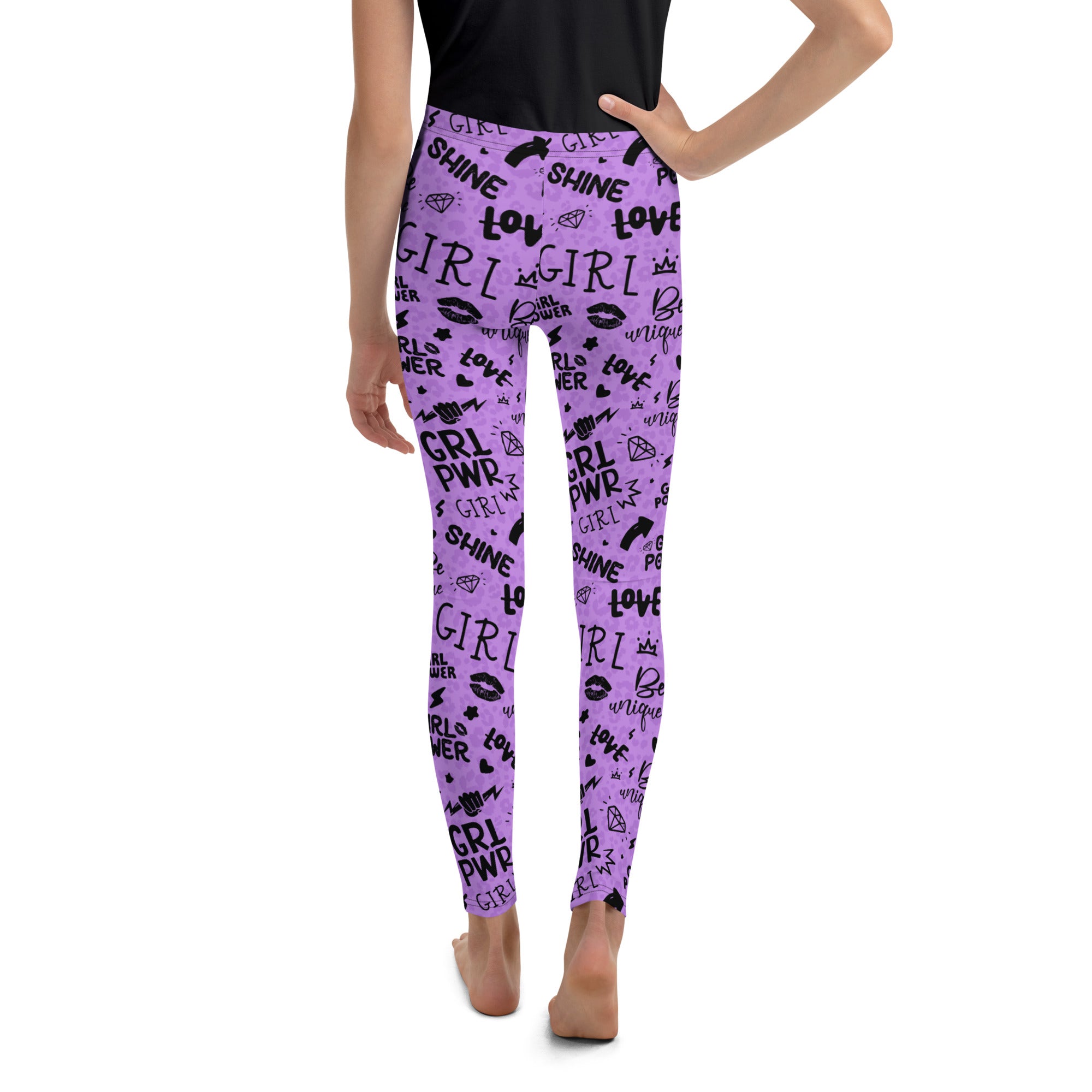 SHE REBEL - Purple Girl Power Youth Leggings with Shadow Leopard Print (Girls' Sizes 8 - 20)
